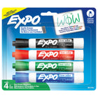 Expo® – Marqueurs à effacement sec à faible odeur, pointe biseautée, couleurs variées, paq./4-Encre qui s'efface mieux ! Un glissement de l'effaceur et c'est parti. Par comparaison aux versions précédentes des marqueurs EXPO. Les résultats varient selon la surface.