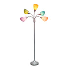 Simple Designs - Lampe de sol argentée à col de cygne réglable, 5 lampes, abat-jour multicolore fantaisie-Interrupteur rotatif situé sur le montant pour plus de commodité