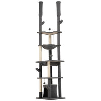 PawHut - arbre à chat du sol au plafond 89 po-100 po avec poteaux à griffer - gris-Hauteur réglable, 88,6 po-100,4 po (225-255 cm), économise de l'espace et améliore les niveaux élevés 