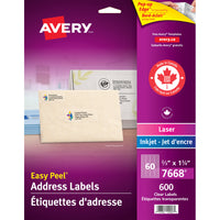Avery - Étiquettes d'adresses Easy Peel laser/jet d'encre, incolore lustrées, 2/3 po x 1 3/4 po, paq./600 (7668)-Étiquette permanente
