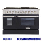 Kucht - 48 po Série KDF Cuisinière Pro Style à double combustible - Acier inoxydable/Noir-Cuisinière de classe professionnelle dotée de 2 brûleurs doubles de 20000 BTU avec fonction mijotage, 2 brûleurs de 12000 BTU, 2 brûleurs de 9000 BTU et 2 brûleurs de 6000 BTU