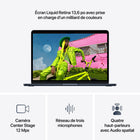 Apple - MacBook Air 13 po - M5 - 10 coeurs - 1 To SSD - Mémoire unifiée 16 Go - Minuit-Caméra Center Stage 12 MPX - Pendant vos appels vidéo, restez automatiquement au milieu de l’image avec Cadrage centré ou utilisez Vue du bureau pour partager un plan en plongée de votre espace de travail. Et profitez d’un son incroyable grâce à un réseau de trois micros et un système à quatre haut-parleurs avec Audio spatial et Dolby Atmos