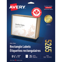 Avery - Étiquettes rectangulaires blaches avec TrueBlock, 8-1/2 po X 11 po, Paquet de 25 (5265)-11 po x 8 1/2 po, blanc