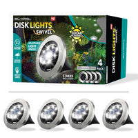 Bell + Howell - Lumières de chemin d’extérieur à disque pivotant à énergie solaire avec 8 ampoules LED - Paquet de 4-Comprend 4 lampes à disque à énergie solaire avec piquets : Chaque lampe mesure 4,5 po de diamètre, avec des piquets amovibles de 5 po pour un placement sûr au sol dans les jardins, l’herbe ou les allées
