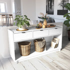 Prepac - Console Simply Modern de 60,25 po avec 3 tiroirs et grand compartiment de rangement ouvert - Blanc-Éliminez L'Encombrement Dans Votre Espace: Cette élégante table console en blanc aide à désencombrer le couloir et l'entrée avec 3 tiroirs spacieux pour le rangement des médias et une étagère de 18" en dessous qui supporte jusqu'à 20 lbs, parfaite pour un rangement supplémentaire dans les espaces compacts. Dimensions : 15,25" P x 58,25" L