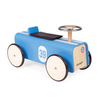 Janod - Voiture à chevaucher-Voiture élégante en bois avec un volant en métal.