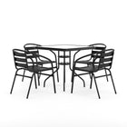 Table carrée de 31,5 po en verre/métal et 4 chaises empilables noires en aluminium avec dossier à lattes (TLH-0732SQ-017CBK4-GG)-Ensemble de table et chaises
