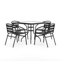 Table carrée de 31,5 po en verre/métal et 4 chaises empilables noires en aluminium avec dossier à lattes (TLH-0732SQ-017CBK4-GG)-Ensemble de table et chaises