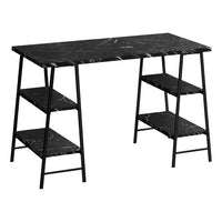 Monarch Specialties - 7528 Bureau 48 po L - Faux Marbre Noir/Metal Noir-Bureau d'ordinateur de style industriel avec 4 tablettes fixes et ouvertes soutenues par des pieds de style chevalet dans une finition en métal noir
