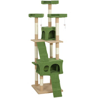 PawHut - Arbre à chat multi-niveaux 68 po H, avec poteaux à griffer, condo pour chat - vert-Arbre à chat haut à plusieurs niveaux avec 3 plateformes supérieures, 2 grands condos, 2 échelles, 3 jouets suspendus pour que le chat puisse jouer 