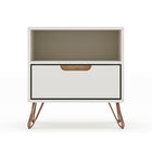 Manhattan Comfort - Rockefeller Table de Nuit 1 Tiroir Style Mid-Century Modern 51 cm - Blanc Cassé et Naturel - Lot de 2-Comprend 1 étagère ouverte et 1 tiroir