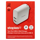 Staples - Chargeur mural USB-A de Staples - 24 W - Blanc-Chargeur mural 24 W à 2 ports avec 2 ports de chargement USB-A