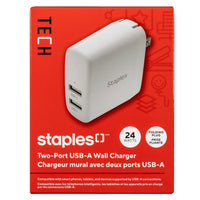 Staples - Chargeur mural USB-A de Staples - 24 W - Blanc-Chargeur mural 24 W à 2 ports avec 2 ports de chargement USB-A