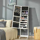 HOMCOM - Armoire à bijoux avec miroir verrouillable et lumière led - 18 po L x 14,25 po l x 59,75 po H - blanc-Grand espace de rangement avec fentes pour boucles d’oreilles, crochets à colliers, emplacements pour bagues, support pour pinceaux de maquillage et étagères 
