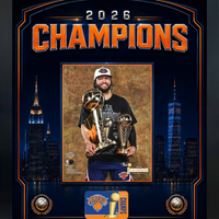 Frameworth - Cadre photoglass de Jalen Brunson des New York Knicks trophées du championnat 2026 - 18 po l x 22 po H - orange-Présentoir photoglass encadré : cadre PhotoGlass de Jalen Brunson des New York Knicks trophées du championnat et de joueur par excellence 2026 motif horizon orange pour les amateurs et collectionneurs des New York Knicks