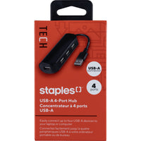 Staples - Concentrateur USB-A à 4 ports - Noir -Universel – Fonctionne avec Windows 7 et les versions ultérieures et est compatible avec les ordinateurs dotés d’un port USB-A