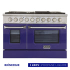 Kucht - 48 po Série KDF Cuisinière Pro Style à double combustible - Acier inoxydable/Bleu-Cuisinière de classe professionnelle dotée de 2 brûleurs doubles de 20000 BTU avec fonction mijotage, 2 brûleurs de 12000 BTU, 2 brûleurs de 9000 BTU et 2 brûleurs de 6000 BTU