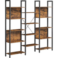 Boutique Home - Bibliothèque large triple à 5 niveaux avec 14 étagères de rangement - Style brun rustique- Couleur : Marron rustique, noir ; Matériau : Panneau de particules, acier