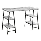 Monarch Specialties - 7527 Bureau 48 po L - Faux Marbre Blanc/Metal Noir-Bureau d'ordinateur de style industriel avec 4 tablettes fixes et ouvertes soutenues par des pieds de style chevalet dans une finition en métal noir