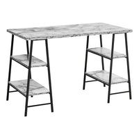 Monarch Specialties - 7527 Bureau 48 po L - Faux Marbre Blanc/Metal Noir-Bureau d'ordinateur de style industriel avec 4 tablettes fixes et ouvertes soutenues par des pieds de style chevalet dans une finition en métal noir