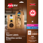 Étiquettes carrées blanches Avery, pour impression jusqu’au bord, permanentes, 1 1/2 po x 1 1/2 po, paquet de 600 (22805)-Permanente, étiquette carrée