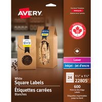 Étiquettes carrées blanches Avery, pour impression jusqu’au bord, permanentes, 1 1/2 po x 1 1/2 po, paquet de 600 (22805)-Permanente, étiquette carrée