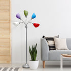 Simple Designs - Lampe de sol argentée à col de cygne réglable, 5 lampes, abat-jour multicolores primaires-5 ampoules type A à base moyenne 60W (non incluses)