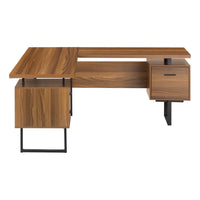 Monarch Specialties - 7610 Bureau 70 po - Noyer/Metal Noir/Face L/R-Bureau d'ordinateur à panneaux épais en forme de L au fini faux bois noyer avec 3 tiroirs de rangement et 3 pieds en métal au fini noir