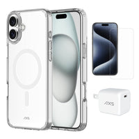 AXS - Ensemble de départ - étui ULTRA CLEAR transparent testé contre les chutes, protecteur d’écran et chargeur 30W pour iPhone 16 Plus - Clear-Étui résistant aux chutes avec des poches d’air absorbant les chocs