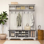 Prepac - Cabinet d'entrée Rustic Ridge Farmhouse 60 po avec rangement pour chaussures - Blanc vieilli-Finition de charme avec une touche de style industriel : L'armoire de rangement en bois présente une finition blanchie à la chaux bicolore avec un dessus en planches de chêne gris rustique pour compléter l'entrée ou le vestiaire de votre maison