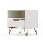 Manhattan Comfort - Rockefeller Table de Nuit 1 Tiroir Style Mid-Century Modern 51 cm - Blanc Cassé et Naturel - Lot de 2-Parfait pour le rangement ou l’exposition d’objets