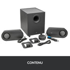 Haut-parleurs Logitech Z407 Bluetooth avec caisson de graves-Boutons alimentation, volume, réglage des basses, mise en sourdine, réactivation du son, avance, retour, couplage Bluetooth, changement de source, etc., sur la commande sans fil