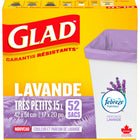 Glad - Sacs à ordures, Très petits, 15 L -  Mauve - Parfum de lavande - Paquet de 52-Découvrez Febreze fraîcheur et le parfum intemporel de la lavande grâce aux sacs à ordures GLAD garantis résistants. Ces sacs GLAD diffusent un parfum continu de lavande, tandis que Febreze fraîcheur neutralise les odeurs pour vous aider à donner un air de fraîcheur et de propreté à votre maison. D’une jolie couleur mauve, ces très petits sacs à ordures sont parfaits pour la cuisine, la salle de bain, la chambre à coucher o