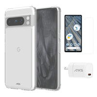 AXS - Ensemble de départ avec étui ULTRA CLEAR transparent testé contre les chutes, protecteur d’écran et chargeur 30W pour Google Pixel 8 Pro-Étui résistant aux chutes avec des poches d’air absorbant les chocs
