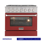 Kucht - 36 po Série KDF Cuisinière Pro Style au gaz propane - Acier inoxydable/Rouge-La cuisinière à gaz à 6 brûleurs comprend un brûleur double de 20 000 BTU avec mode mijotage, un brûleur de 15 000 BTU, un brûleur de 12 000 BTU, deux brûleurs de 9 000 BTU et un brûleur de 6 000 BTU