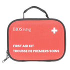 BIOS Living - Trousse de premiers soins - 75 pièces-Contenu de la trousse de premiers soins: Lingettes antiseptiques, écouvillons avec alcool isopropylique, pansements adhésifs en tissu, pansements en plastique, pansements adhésifs en tissu pour jointures, tampons de gaze stériles, rouleaux de gaze, rouleau de ruban adhésif, ciseaux, brucelles, gants en vinyle, compresse froide instantanée