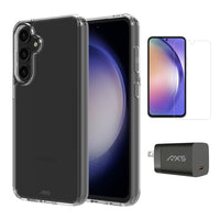 AXS - Ensemble de départ avec étui ULTRA CLEAR transparent testé contre les chutes, protecteur d’écran et chargeur 30W pour Samsung Galaxy S23 FE-Étui résistant aux chutes avec des poches d’air absorbant les chocs