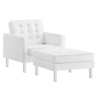Modway - Loft Touffe Cuir végane Fauteuil et ensemble ottoman - Blanc argenté-Ensemble de fauteuil et ottoman du milieu du siècle