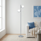 JAC Styles Liam 66" 2-Light Floor Lamp - Brushed Nickel with White Shade-White Glass Shades - Diffuse the light for a softer, comfortable glow that enhances the room's atmosphere.
