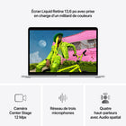 Apple - MacBook Air 13 po - M5 - 10 coeurs - 1 To SSD - Mémoire unifiée 24 Go - Argent-Caméra Center Stage 12 MPX - Pendant vos appels vidéo, restez automatiquement au milieu de l’image avec Cadrage centré ou utilisez Vue du bureau pour partager un plan en plongée de votre espace de travail. Et profitez d’un son incroyable grâce à un réseau de trois micros et un système à quatre haut-parleurs avec Audio spatial et Dolby Atmos