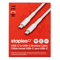 Staples - TECH Câble de chargement USB-C vers USB-C - 3,3 pi - 480Mbps - blanc-Câble de chargement USB-C vers USB-C de 3,3 pi (1 m) qui transfère les données à des vitesses allant jusqu’à 480 Mb/s