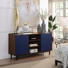 Manhattan Comfort - Ensemble de 4 : meuble TV, buffet, table basse et table d’appoint Duane style Mid-Century Modern, brun foncé et bleu marine-Design nervuré avec finition stratifiée effet bois