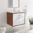 Modway - Transmit 24" Vanité de salle de bain murale - Blanc noyer-Bassin d’évier en céramique