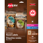 Avery – Étiquettes rondes imprimables jusqu'au bord laser/jet d'encre, kraft, permanentes, diamètre 3 po, paq./90 (22813)-Les étiquettes écologiques sont recyclables et sont fabriquées à 100 % de matières recyclées