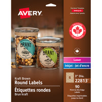 Avery – Étiquettes rondes imprimables jusqu'au bord laser/jet d'encre, kraft, permanentes, diamètre 3 po, paq./90 (22813)-Les étiquettes écologiques sont recyclables et sont fabriquées à 100 % de matières recyclées