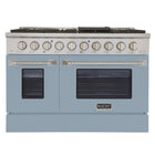 Kucht - 48 po Série KNG Cuisinière Pro Style au gaz propane - Acier inoxydable/Bleu pâle-Cuisinière de classe professionnelle dotée de deux brûleurs doubles de 20 000 BTU avec fonction mijotage, de deux brûleurs de 12 000 BTU, de deux brûleurs de 9 000 BTU et de deux brûleurs de 6 000 BTU