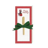 Gartner Studios - Bloc-notes avec stylo - Chien-Conception festive : présente le texte « Joyeuses Fêtes » sur un fond à pois rouge et blanc ludique et des illustrations de chiens de Noël