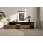 Nexera - Meuble audio-vidéo Tonik 72 po, Noyer et noir-2 tiroirs de rangement pratiques montés sur des coulisses de métal et espace de rangement ouvert pour les appareils électroniques, livres et divers objets décoratifs.  Panneau arrière ouvert facilitant la gestion des câbles et la circulation d'air