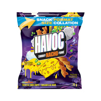 HAVOC Nacho Fume Torsades de Mais Assaisonnees - 72g - Paquest de 32-Riche et robuste — les saveurs de fromage cheddar, de poivron vert, d'ail et de citron vert donnent à ces chips de maïs torsadées un goût audacieux.