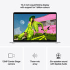 Apple - MacBook Air 15 po - M5 - 10 coeurs - 1 To SSD - Mémoire unifiée 16 Go - Argent-Caméra Center Stage 12 MPX - Pendant vos appels vidéo, restez automatiquement au milieu de l’image avec Cadrage centré ou utilisez Vue du bureau pour partager un plan en plongée de votre espace de travail. Et profitez d’un son incroyable grâce à un réseau de trois micros et un système à six haut-parleurs avec Audio spatial et Dolby Atmos